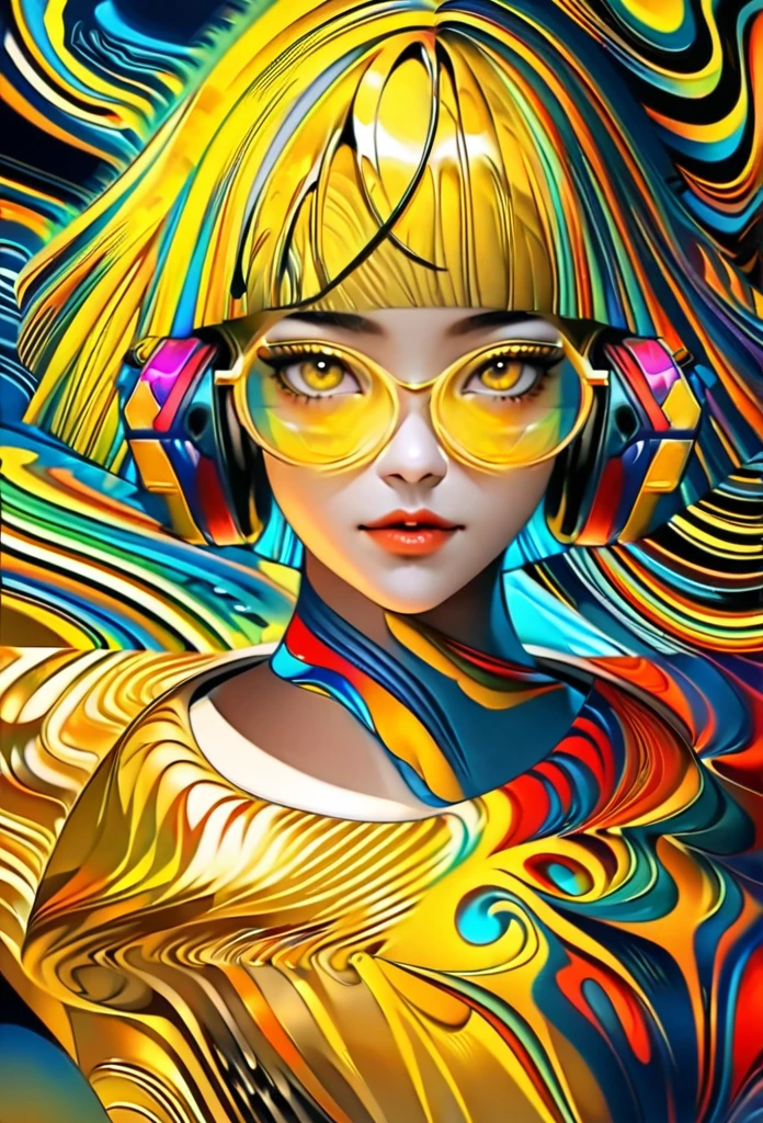 (((yellow glasses:1.3))), headphone, short hair, blunt bangs,Please turn the provided image into a painting keeping the same agape face features and realistic likeness and with the following characteristics: Art Style: Flowing Picasso style. Colors: Vibrant and dynamic, using bold and contrasting colors like the photo Details: Emphasize abstract shapes and flowing lines to capture the essence of her features. Mood: Artistic and expressive, with a surreal and imaginative touch. Background: Complementary to the Picasso style, potentially with abstract elements or patterns. Note: The final image should creatively reinterpret her likeness in a way that feels both unique and artistic, reminiscent of Picasso's distinctive and abstract painting style. Mohawk and steampunk clothing by worlds best photographer, punk rock, extremely realistic, muted colours, soft lighting, 8k, hi-res,