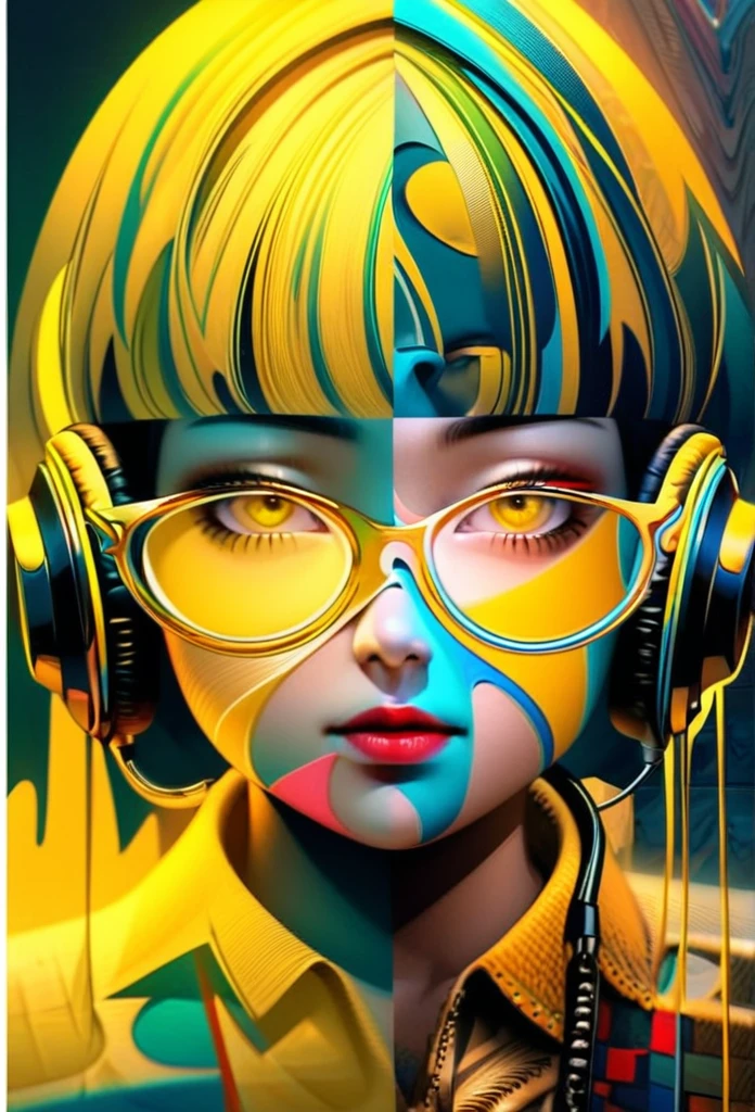 (((yellow glasses:1.3))), headphone, short hair, blunt bangs,Please turn the provided image into a painting keeping the same agape face features and realistic likeness and with the following characteristics: Art Style: Flowing Picasso style. Colors: Vibrant and dynamic, using bold and contrasting colors like the photo Details: Emphasize abstract shapes and flowing lines to capture the essence of her features. Mood: Artistic and expressive, with a surreal and imaginative touch. Background: Complementary to the Picasso style, potentially with abstract elements or patterns. Note: The final image should creatively reinterpret her likeness in a way that feels both unique and artistic, reminiscent of Picasso's distinctive and abstract painting style. Mohawk and steampunk clothing by worlds best photographer, punk rock, extremely realistic, muted colours, soft lighting, 8k, hi-res,