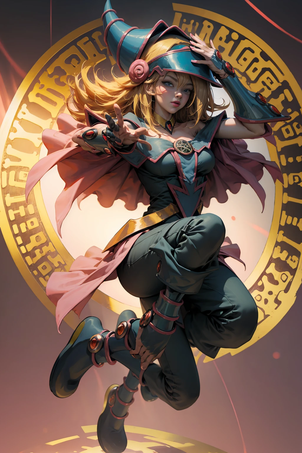 DarkDark Wizard Gils, with high heels. pants, sexy, Subjective and sensual pose.. long blonde hair. Blue eyes. Red lips. Levitating above a circle of magic. .