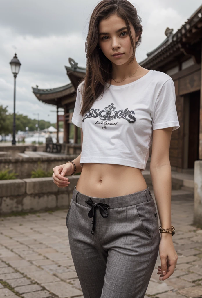 Adolescent bronzé, asiatique, longs cheveux bouclés, yeux marrons, pantalon de survêtement noir, t-shirt blanc, Bracelets, chaussures blanches, taches de rousseur, Slim physique