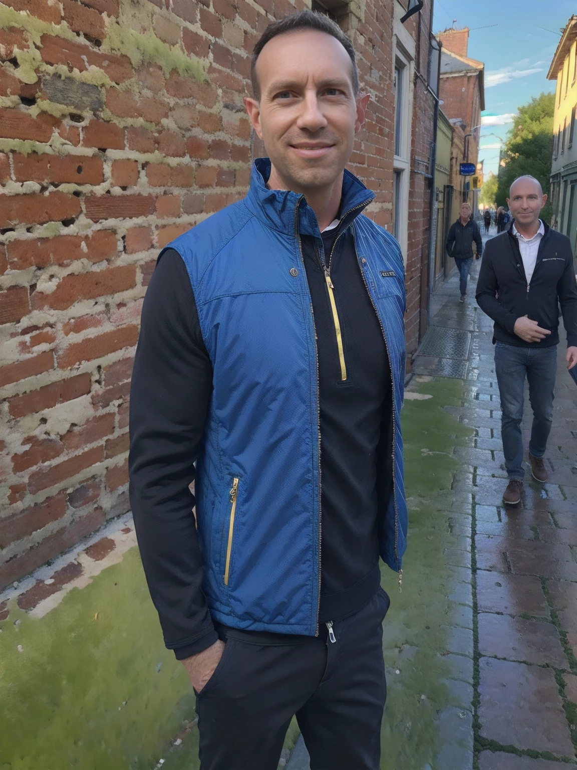 (highres,masterpiece:1.2), ultra-detailed, realistic:1.37, HDR, man ,solo, Todder8 Todder1 in the street with french coat,painted brick walls,wet cobblestone pavement,lively city atmosphere,vibrant colors,soft golden light,cool blue tones