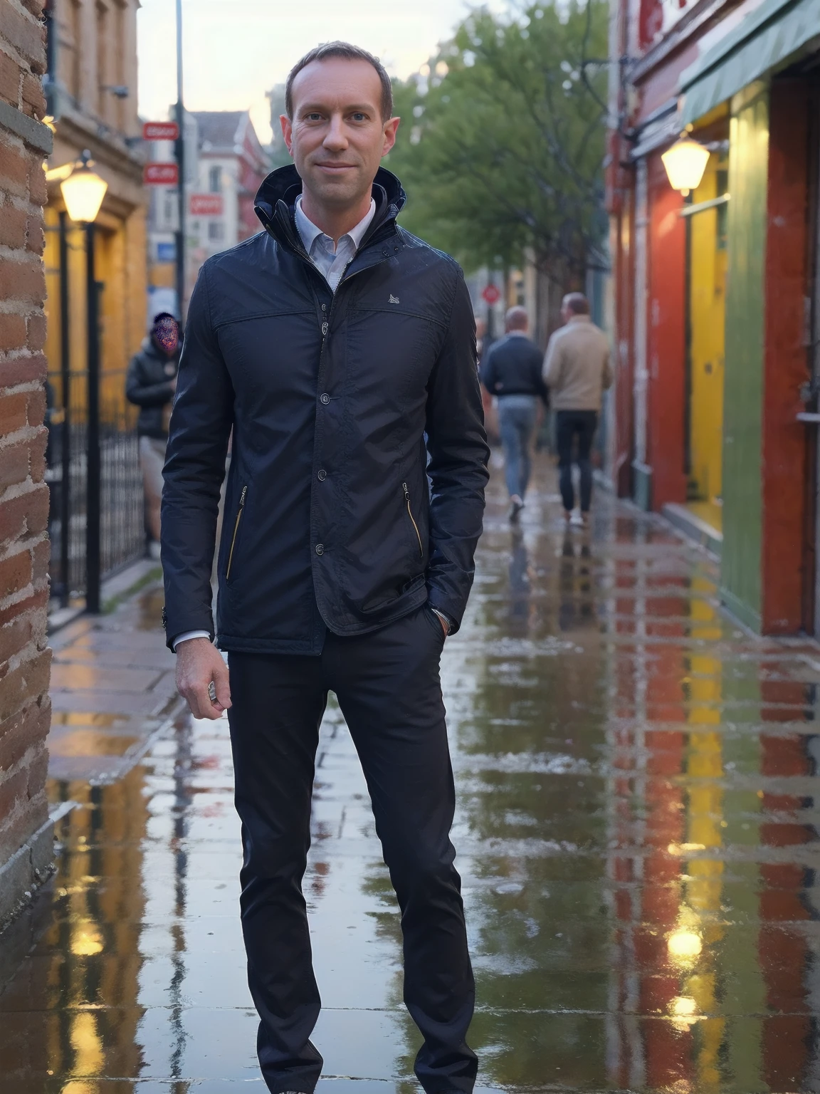 (highres,masterpiece:1.2), ultra-detailed, realistic:1.37, HDR, man ,solo, Todder8 Todder1 in the street with french coat,painted brick walls,wet cobblestone pavement,lively city atmosphere,vibrant colors,soft golden light,cool blue tones