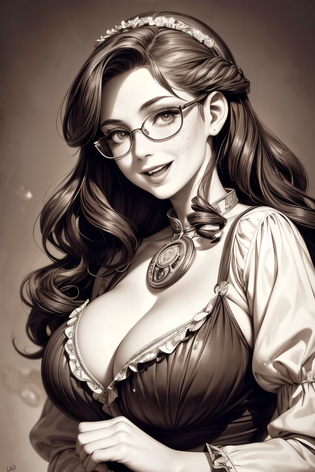 (masterpiece), best quality, expressive eyes, perfect face, Artwork, best quality, ultra-detailed, 1lady, long hair, 1930s vintage photography, monochrome dress, vintage color palette, ((curly hair)), dress with ruffles, smiling smile, freckles on face, ((old photo effect)), large breasts, ((sepia effect)), breasts larger than head, ((portrait in a medallion)), ((locket)), ((pic in locket)), ((portrait in round medallion)), photography of a lady in a locket, signature at the bottom of the photo, Initials T.J in signature, round glasses, provocative cleavage, face profile photography, lipstick in pic, shining eyes, laughing laugh, laughing, ((mold particles around the edges of the photograph)), laughing with your mouth open, flowers in hair, ((signatured photography)), huge breasts, large breasts, gigantic breasts, fleshy mouth lips, ((mold particles)), ((1milf)), ((mature female)), mature face, old woman, ((volumous hair))