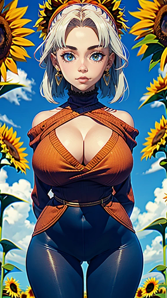 1girl, (solo:1.2), curvy, (masterpiece:1.2), (best quality:1.2), (perfect anatomy:1.4), (interacting with the viewer while facing him in a dynamic pose in motion), (arms behind back:1.3), cute, closed mouth, (large breasts:1.4), (cowboy shot:1.4), xxnikichenxx, pinup, shiny skin, bbyorf, short hair with long locks, white hairband, red eyes, gold earrings, large breasts, jewelry, off shoulder, red sweater, sweater dress, long sleeves, black pantyhose, (sunflower field:1.3), (summer:1.3), (dust path beside field), blue sky, sunflowers everywhere,