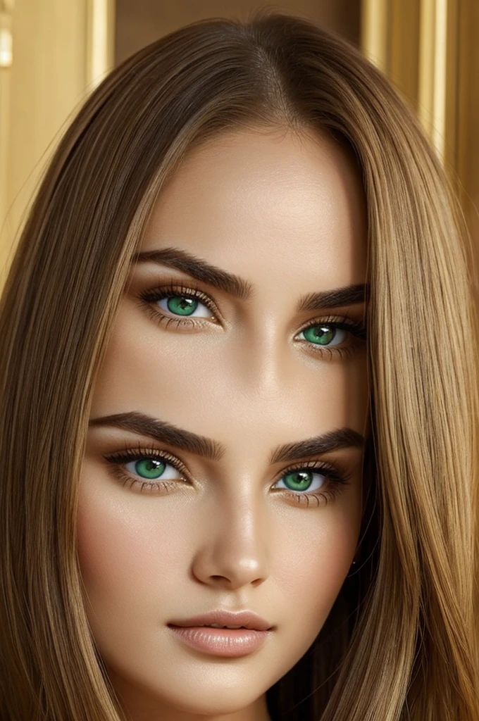 Very beautiful face of a woman, 25 years old, oval shape, very exotic face shape, very exotic face Features, very light green eyes, full lips, exotix arched eyebrows,long,vawy, brown golden hair