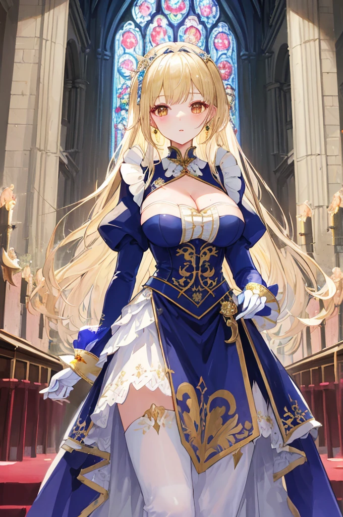 masterpiece，8K，A woman with big tits，Gorgeous woman，transparent，Long blond hair，big hair，((hime cut))，Gorgeous jewelry，Crystal Hair Accessories，Cleavage，pubic，In front of the altar of the majestic church、（Blurred background）、Brighter light，(Elegant gloss）、Lots of ribbons、((Puffy sleeves))、Long cuffs，Multi-button、Gold embroidery、Long trains、White embroidered gloves、Five fingers、red cheeks，