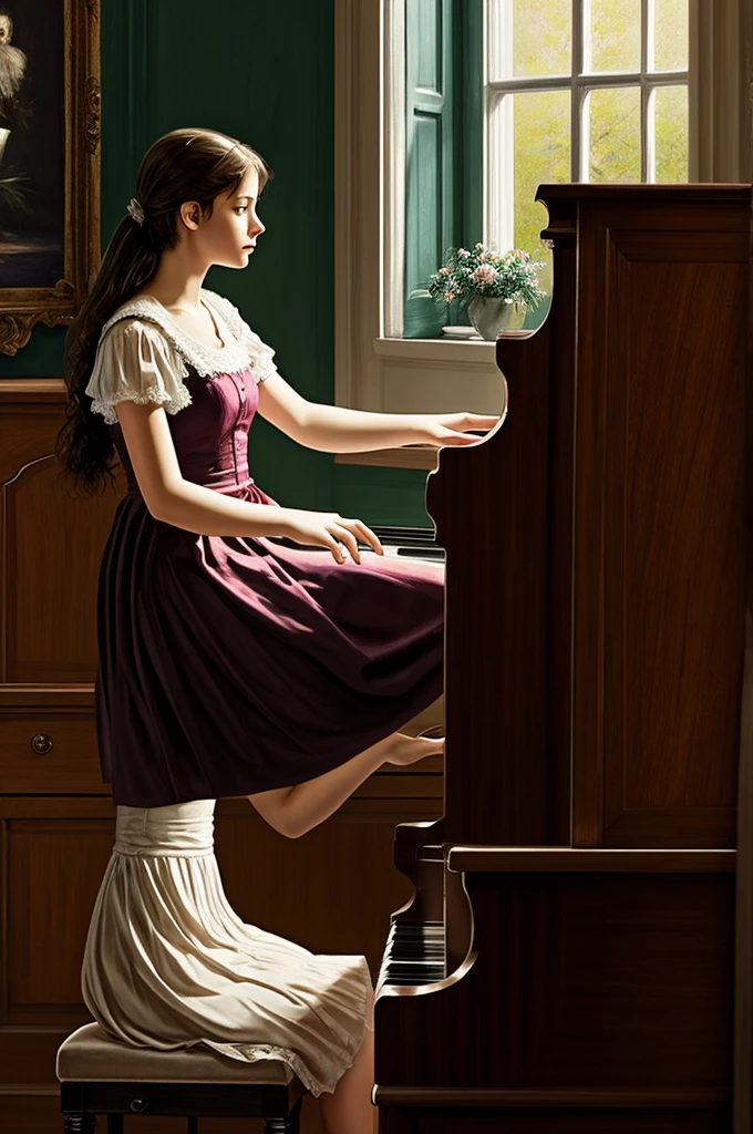 Illustration for the painting of a girl playing the piano in the room 