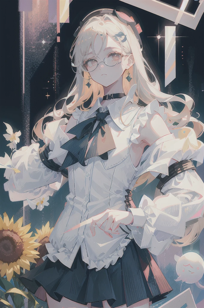best quality, ultra high res, (photorealistic:1.4), 1woman, sleeveless white button shirt, black skirt, black choker, ((glasses)), (Kpop idol), (aegyo sal:1), (platinum blonde grey hair:1), ((puffy eyes)), looking at viewer, full body, flowers