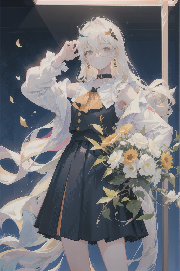 best quality, ultra high res, (photorealistic:1.4), 1woman, sleeveless white button shirt, black skirt, black choker, ((glasses)), (Kpop idol), (aegyo sal:1), (platinum blonde grey hair:1), ((puffy eyes)), looking at viewer, full body, flowers