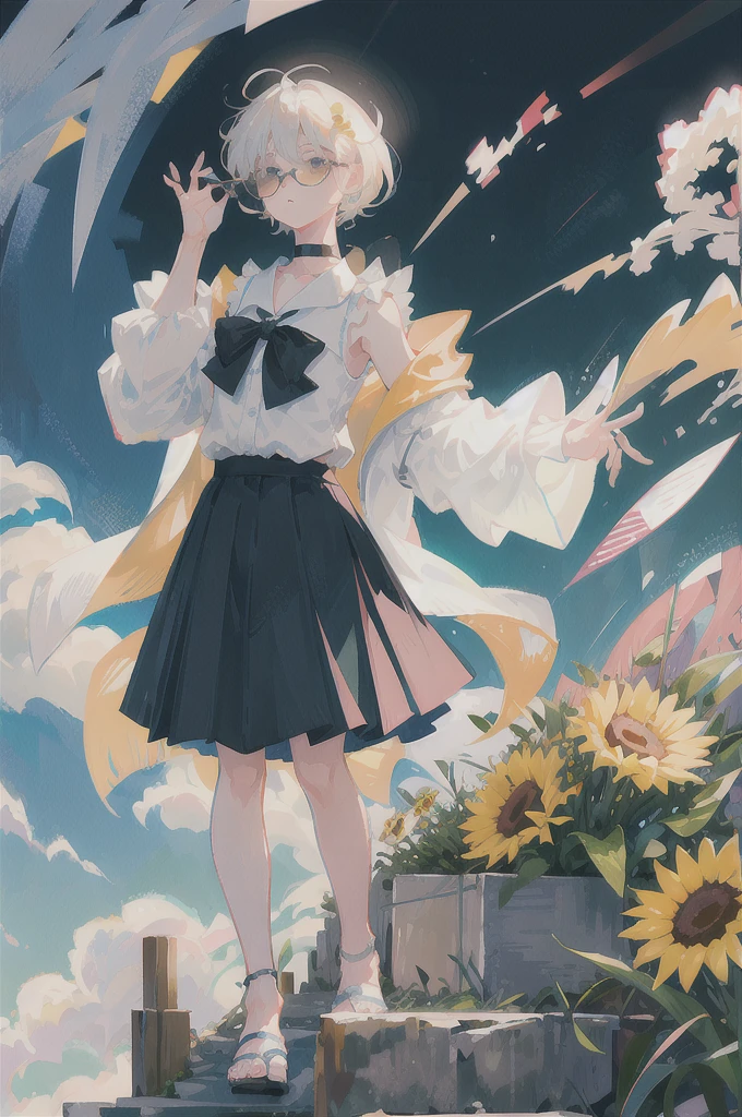 best quality, ultra high res, (photorealistic:1.4), 1woman, sleeveless white button shirt, black skirt, black choker, ((glasses)), (Kpop idol), (aegyo sal:1), (platinum blonde grey hair:1), ((puffy eyes)), looking at viewer, full body, flowers