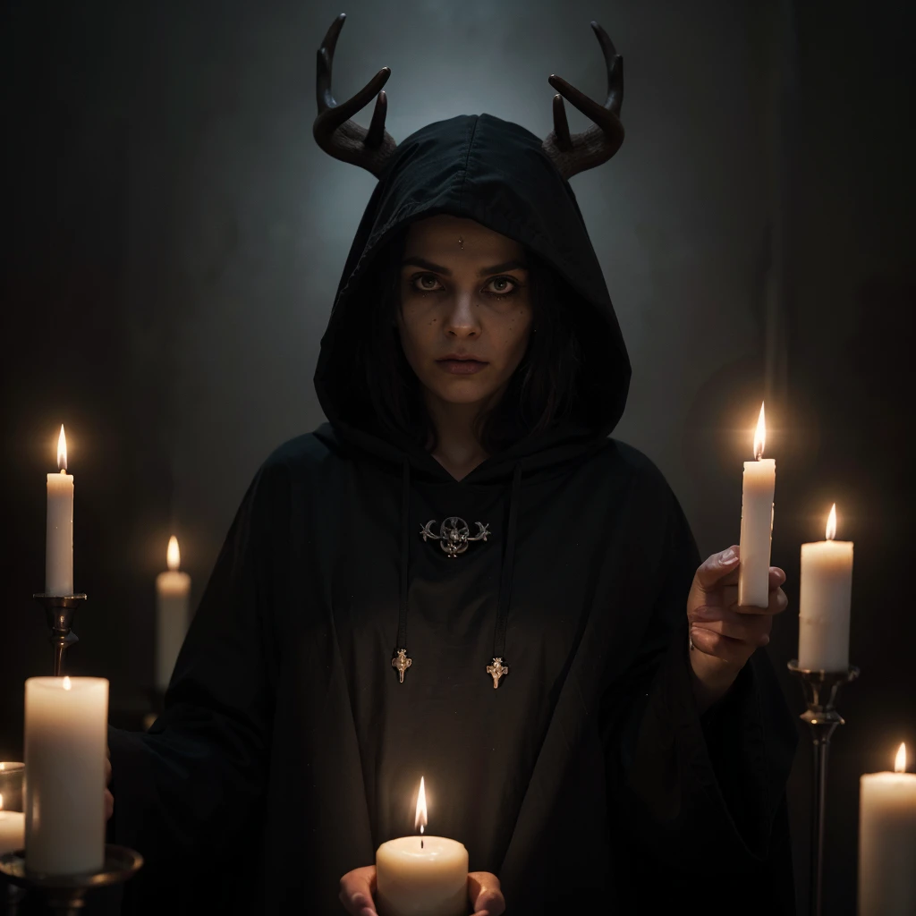 (a person wearing a black hooded robe and a satanism deer skull,holding a candle, look down,away from the spectators),(Best quality,A high resolution,frowning,fear,satanism,Dark color scheme),dim background,frowning atmosphere,flickering candle light,creepy atmosphere,detailed robe texture,dark and mysterious,Haunting Shadow,Phantom Breath,The eyes are sinister,Weak light from a candle flame, Camera angle, Photorealistic, A high resolution,