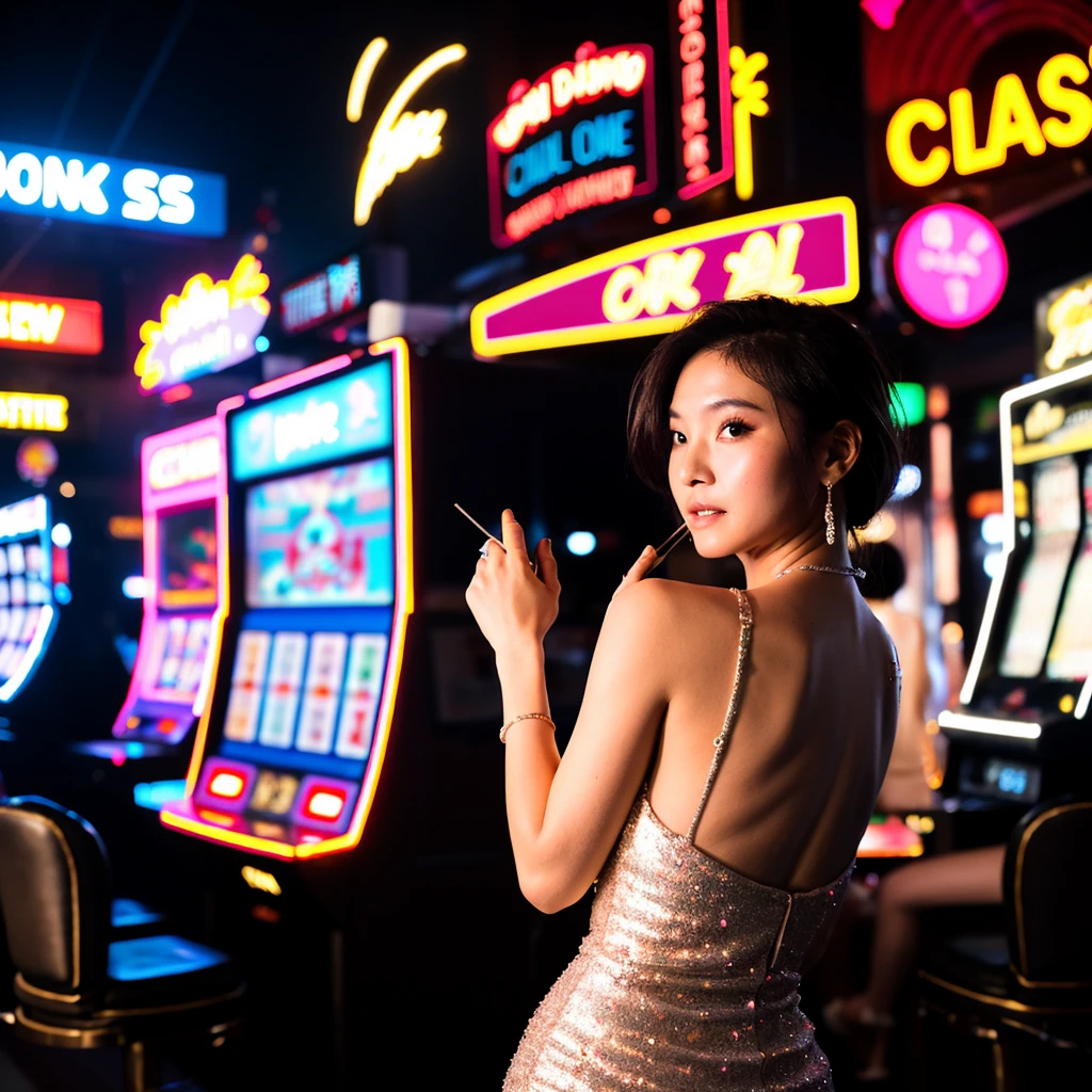 casino girl, dress, night life, backlit