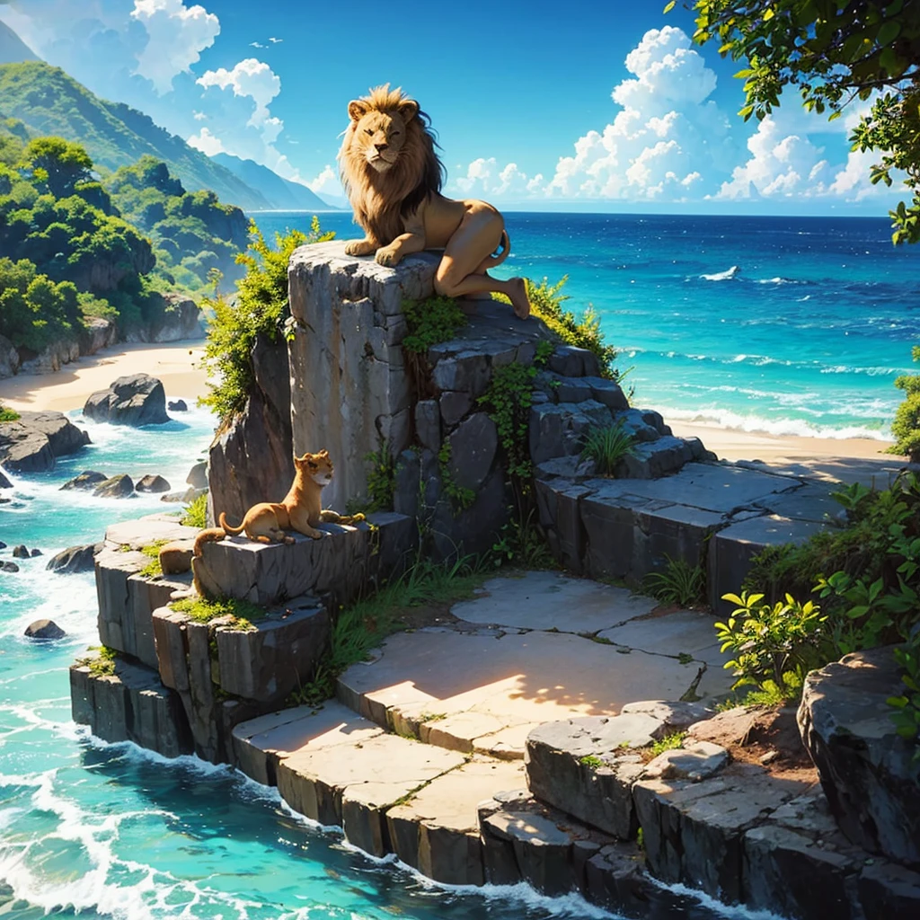 A lion on a cliff ocerlooking an ocean in Jamaica, reggae feel to it