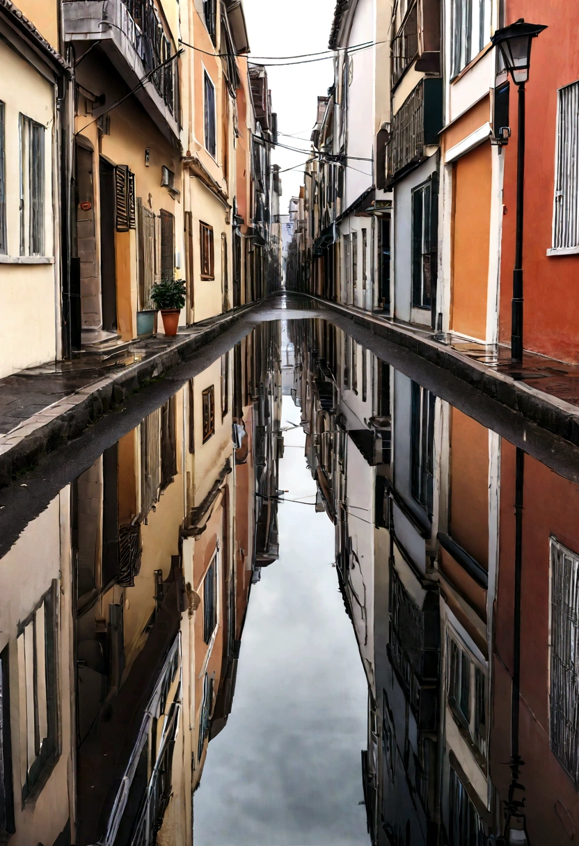 Uma rua de uma cidade, the photo is of a street in this city, It's raining a lot, It is possible to see the reflection of the poles in the puddles of water