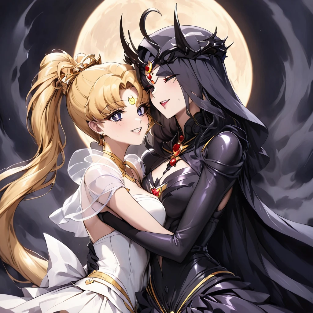 ((Highest quality)), ((masterpiece)), (detailed), (Perfect Face)、Black moon mark on forehead、The woman is Black Serenity, the noble dark queen of the Black Moon clan and has blonde hair.2The woman with long hair tied in a ponytail is Princess Serenity, and she and the strong and evil demon king are embracing each other as their dark brides, kissing and getting married.、The woman has a black inverted crescent moon mark on her forehead, a gorgeous and glittering black gothic Victorian dress, a black veil and a black see-through cape, and is wearing luxurious jeweled accessories. She is the Queen of Darkness, the jet-black Princess Serenity, looking at the camera with a happy expression, and has the expression of a maiden in love.、A woman and a strong, evil demon king man are embracing the dark bride woman, kissing her vows and getting married.