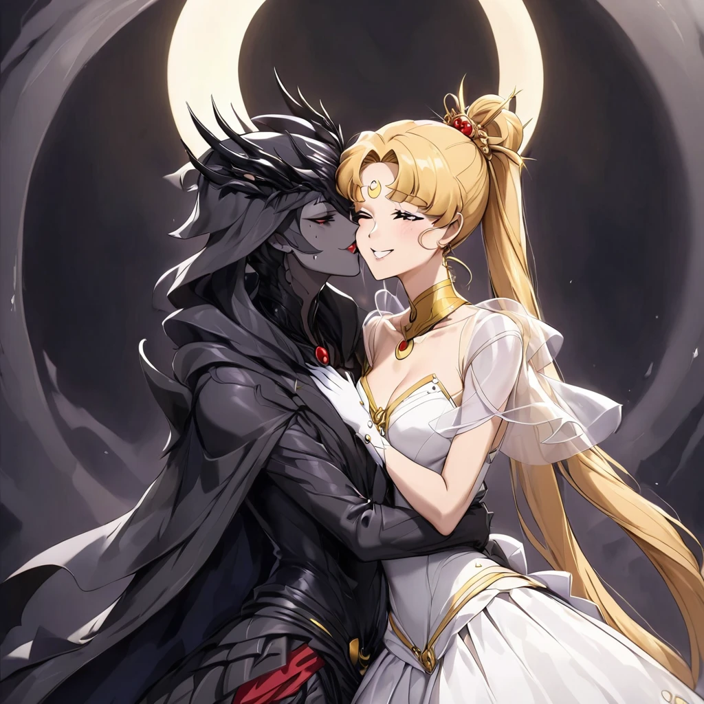 ((Highest quality)), ((masterpiece)), (detailed), (Perfect Face)、Black moon mark on forehead、The woman is Black Serenity, the noble dark queen of the Black Moon clan and has blonde hair.2The woman with long hair tied in a ponytail is Princess Serenity, and she and the strong and evil demon king are embracing each other as their dark brides, kissing and getting married.、The woman has a black inverted crescent moon mark on her forehead, a gorgeous and glittering black gothic Victorian dress, a black veil and a black see-through cape, and is wearing luxurious jeweled accessories. She is the Queen of Darkness, the jet-black Princess Serenity, looking at the camera with a happy expression, and has the expression of a maiden in love.、A woman and a strong, evil demon king man are embracing the dark bride woman, kissing her vows and getting married.