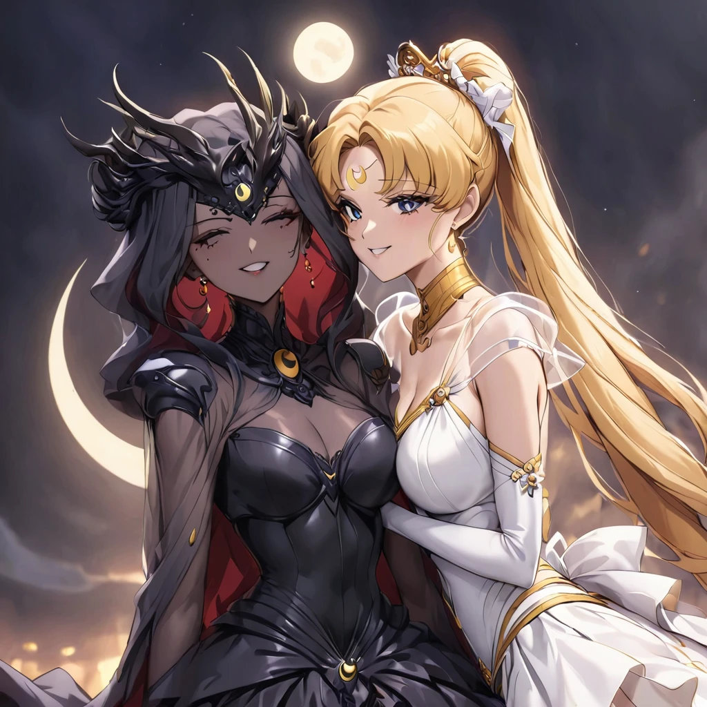 ((Highest quality)), ((masterpiece)), (detailed), （Perfect Face）、Black moon mark on forehead、The woman is Black Serenity, the noble dark queen of the Black Moon clan and has blonde hair.２The woman with long hair tied in a ponytail is Princess Serenity, and she and the strong and evil demon king are embracing each other as their dark brides, kissing and getting married.、The woman has a black inverted crescent moon mark on her forehead, a gorgeous and glittering black gothic Victorian dress, a black veil and a black see-through cape, and is wearing luxurious jeweled accessories. She is the Queen of Darkness, the jet-black Princess Serenity, looking at the camera with a happy expression, and has the expression of a maiden in love.、A woman and a strong, evil demon king man are embracing the dark bride woman, kissing her vows and getting married.