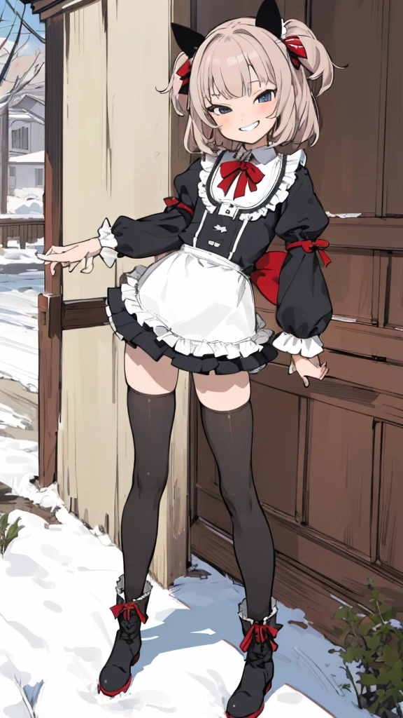 best quality, masterpiece, detailed,2d,flat color, 1girl,14yo,petit,grin,outdoor,miniskirt,thighhighs,(whore,bitch),boots,frill