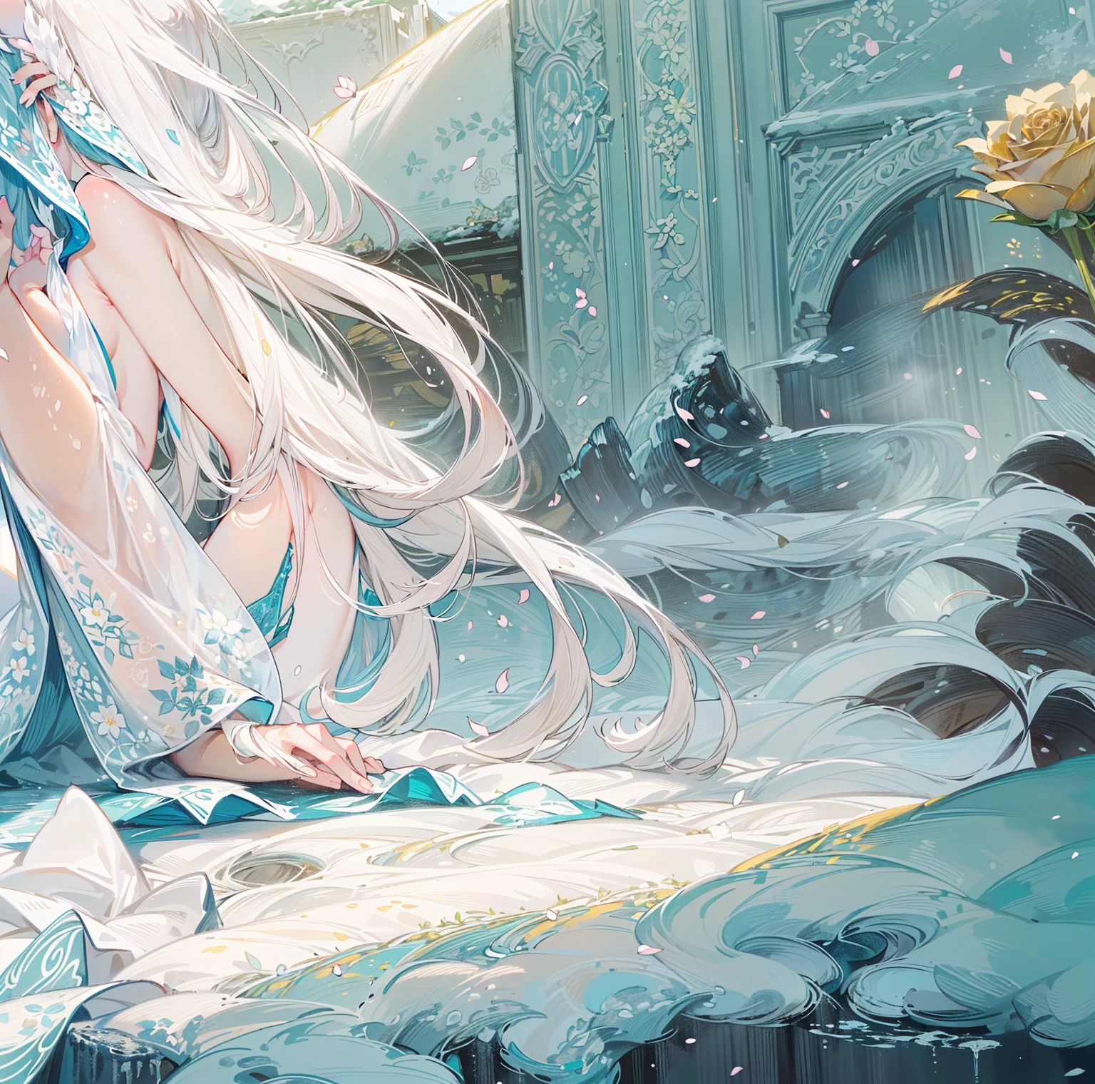 ((best quality,masterpiece,Extremely complex and exquisite details,The hands of a beautiful girl with long white straight hair)),(Exquisite light blue and white clothing,Beautiful bright and exquisite snow white ancient style high transparent architectural background),(correct anatomy),(Rose,Snow,Falling Flowers,Majestic and elegant outdoors)