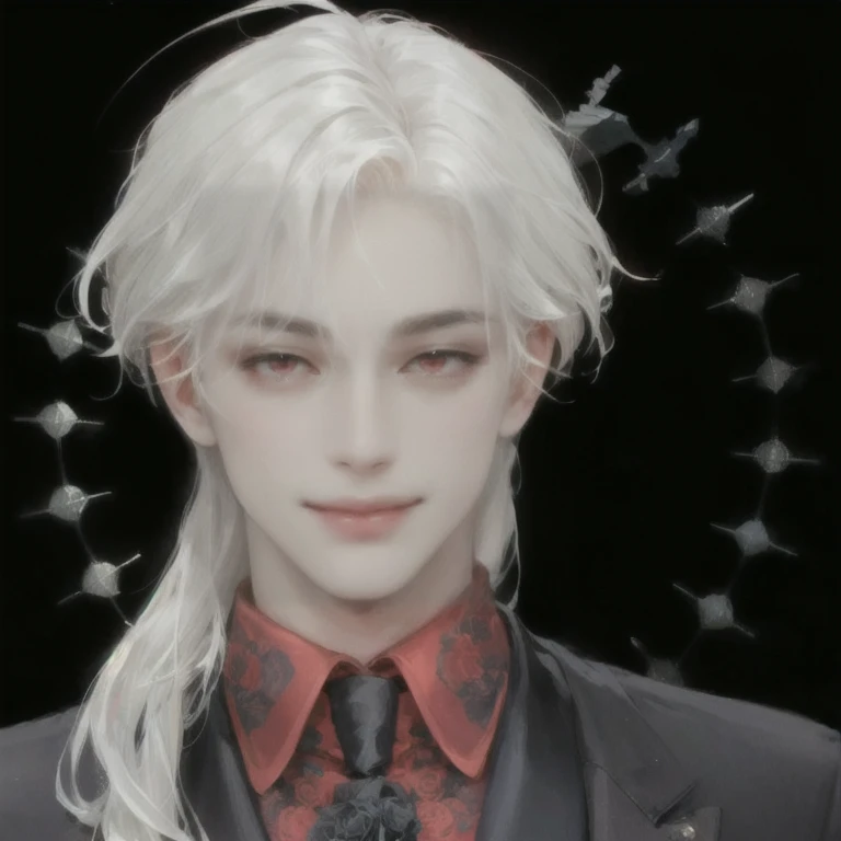 red eyes, white hair, elegant detailed suit, roses, ,male, roses bg, elegant suit, soft features, detailed, red roses, handsome face subtle smile WAVY HAIR TIP, SAME BANGS, BLACK RED