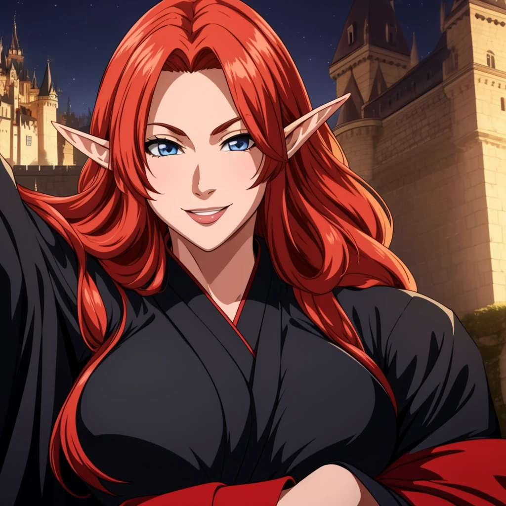 Black kimono, huge tits, busty, red hair, elf ears, blue eyes, long hair, detailed, masterpiece, best quality, 4K, HDR, castle, night, upperbody, smile, close up face
