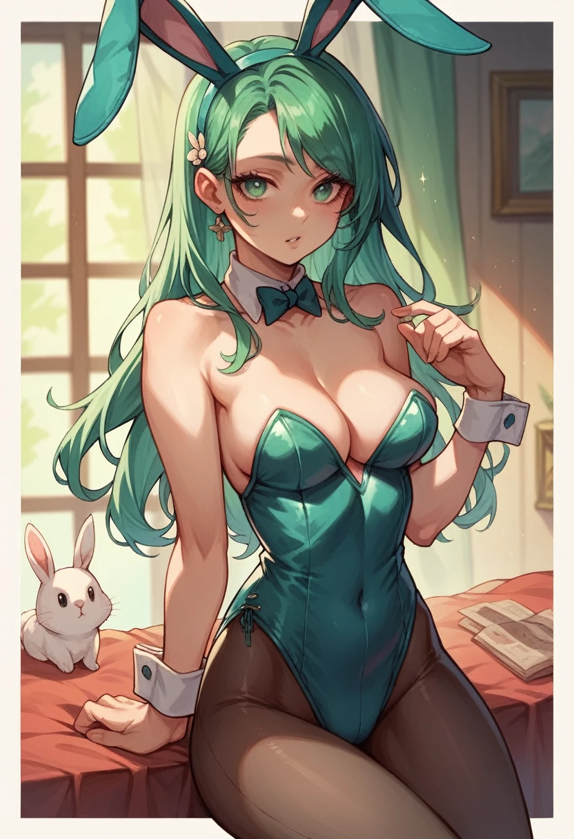 Beautiful one girl, showing cleavage, blue and green detailed eyes, beauty, detailed hair, small cleavage, small , bunny outfit, bunny ears, leggings
