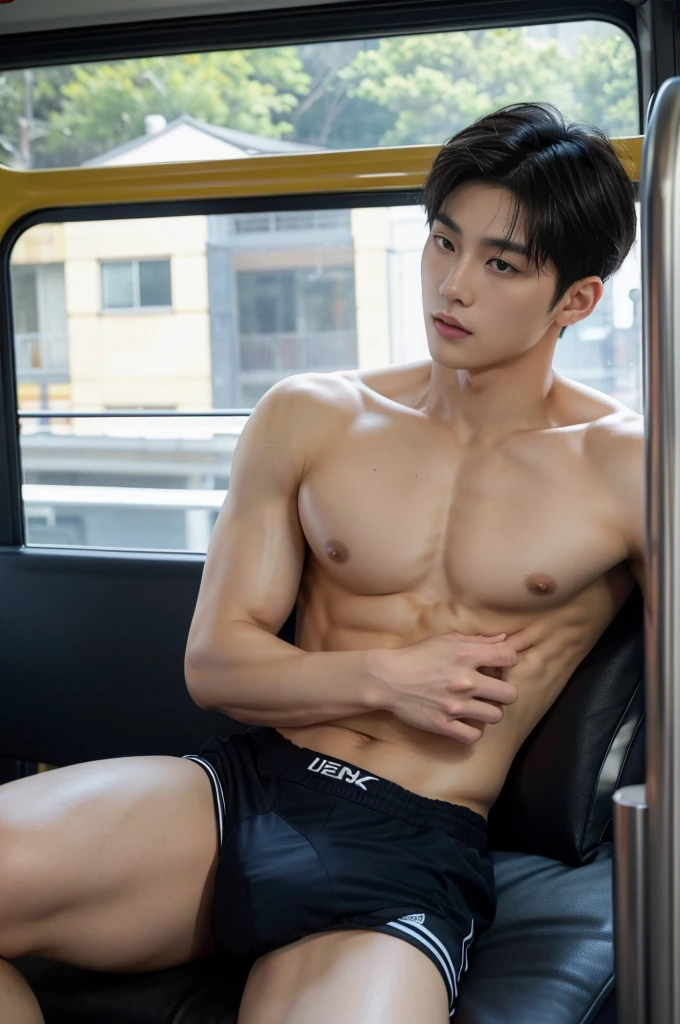 asian man, men, unsmooth skin, wearing no shirt, muscular chest, Dark eyebrows, bulge grande, volume in underwear, pose natural, legs spread open, bus