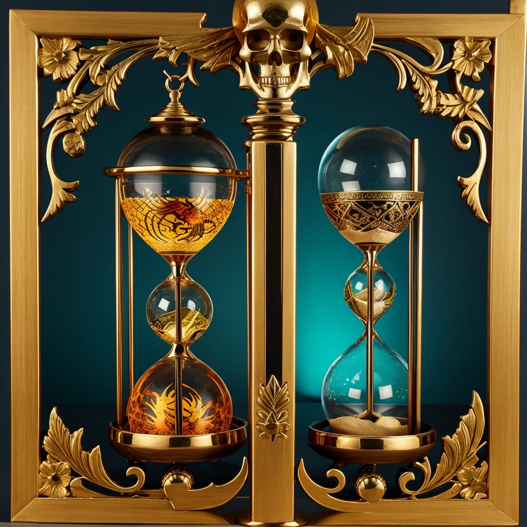 Hourglass with skull at bottom and phoenix bird at the top breaking the hourglass