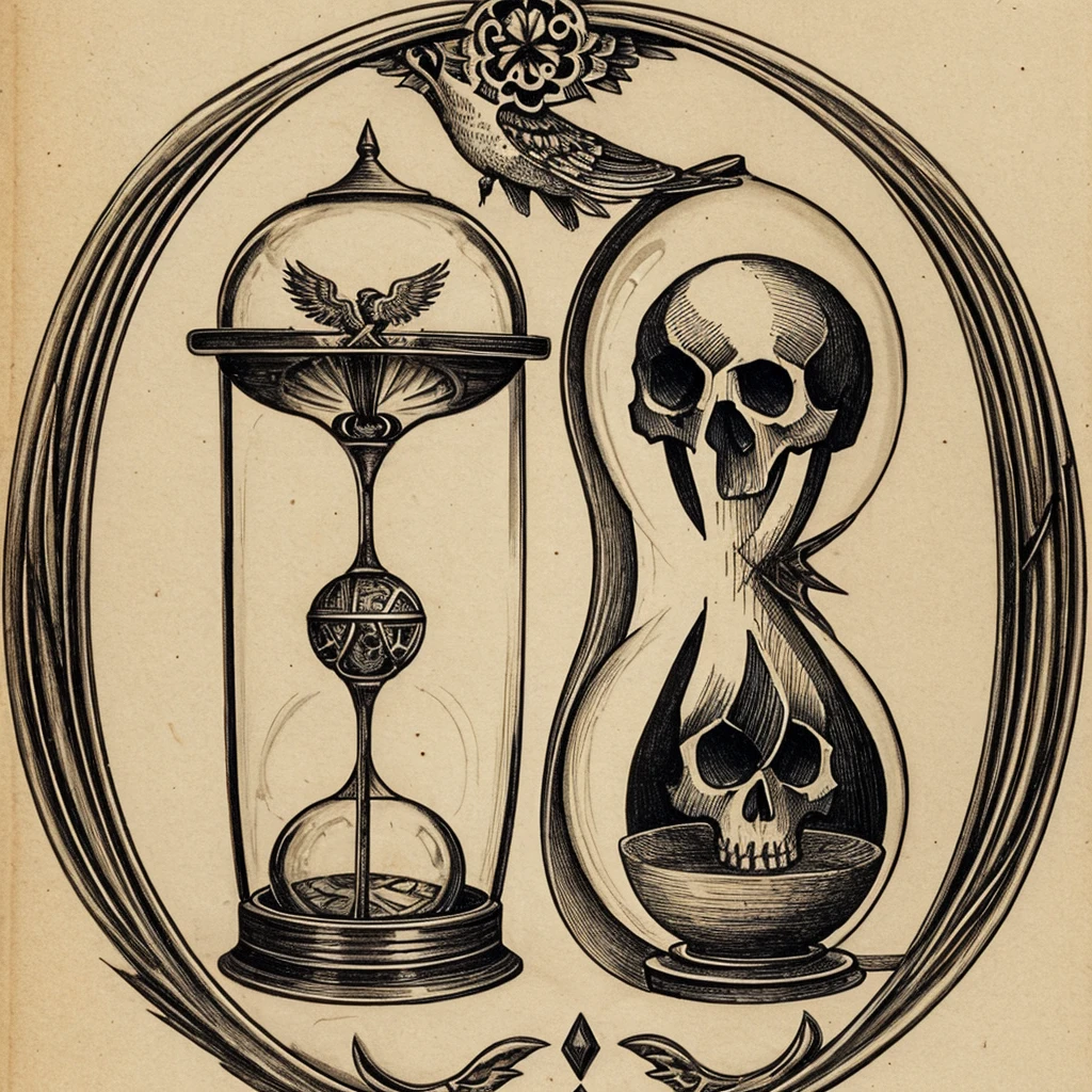 Hourglass with skull at bottom and phoenix bird at the top breaking the hourglass