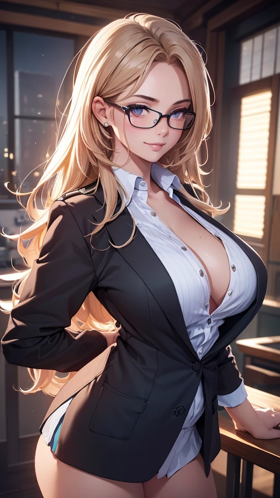 1 girl, glasses, big breasts, unbuttoned school uniforms, loose hair, smiling at you, sexy pose, blush, night light, detailed face, beautiful eyes, detailed hand, long eyelashes, detailed lips, detailed skin, intricate details, elegant, beautiful lighting, cool colors, cinematic, soft focus, photorealistic, masterpiece, 8k, ultra-detailed, (best quality, 4k, 8k, highres, masterpiece:1.2), ultra-detailed, (realistic, photorealistic, photo-realistic:1.37)