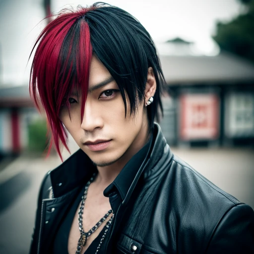 1 japanese male rocker, asien eyes, Visual Kai hairstyle, ultra detailed face and body, hyperrealistic, realistic representation, muscular, broad shoulders, tattoos gothic style, piercings, Visual Kei style, hairstyle Visual Kei, blond, 40 years old, age 40 outfit gothic streampunk, men's shirt and black pants, Asian eyes, eyes Asian, long hair, long hair