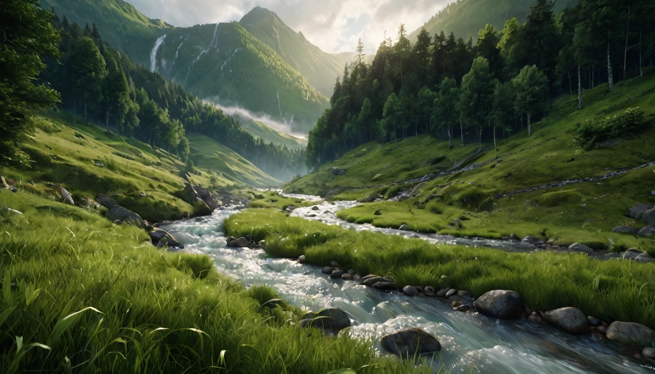 beautiful, a river runs through a mountain, the ground covered with green grass, beautiful forests in the background, ethereal atmosphere, cinematic lighting, photorealistic (best quality, 8k, high resolution, masterpiece: 1.2), ultra detailed, realistic, photorealistic: 1.37, dramatic lighting, moody, fantasy, concept art