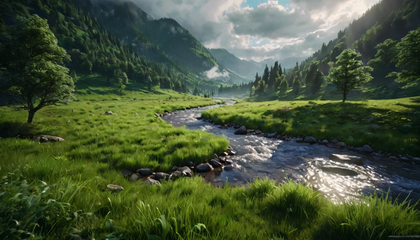 beautiful, a river runs through a mountain, the ground covered with green grass, beautiful forests in the background, ethereal atmosphere, cinematic lighting, photorealistic (best quality, 8k, high resolution, masterpiece: 1.2), ultra detailed, realistic, photorealistic: 1.37, dramatic lighting, moody, fantasy, concept art