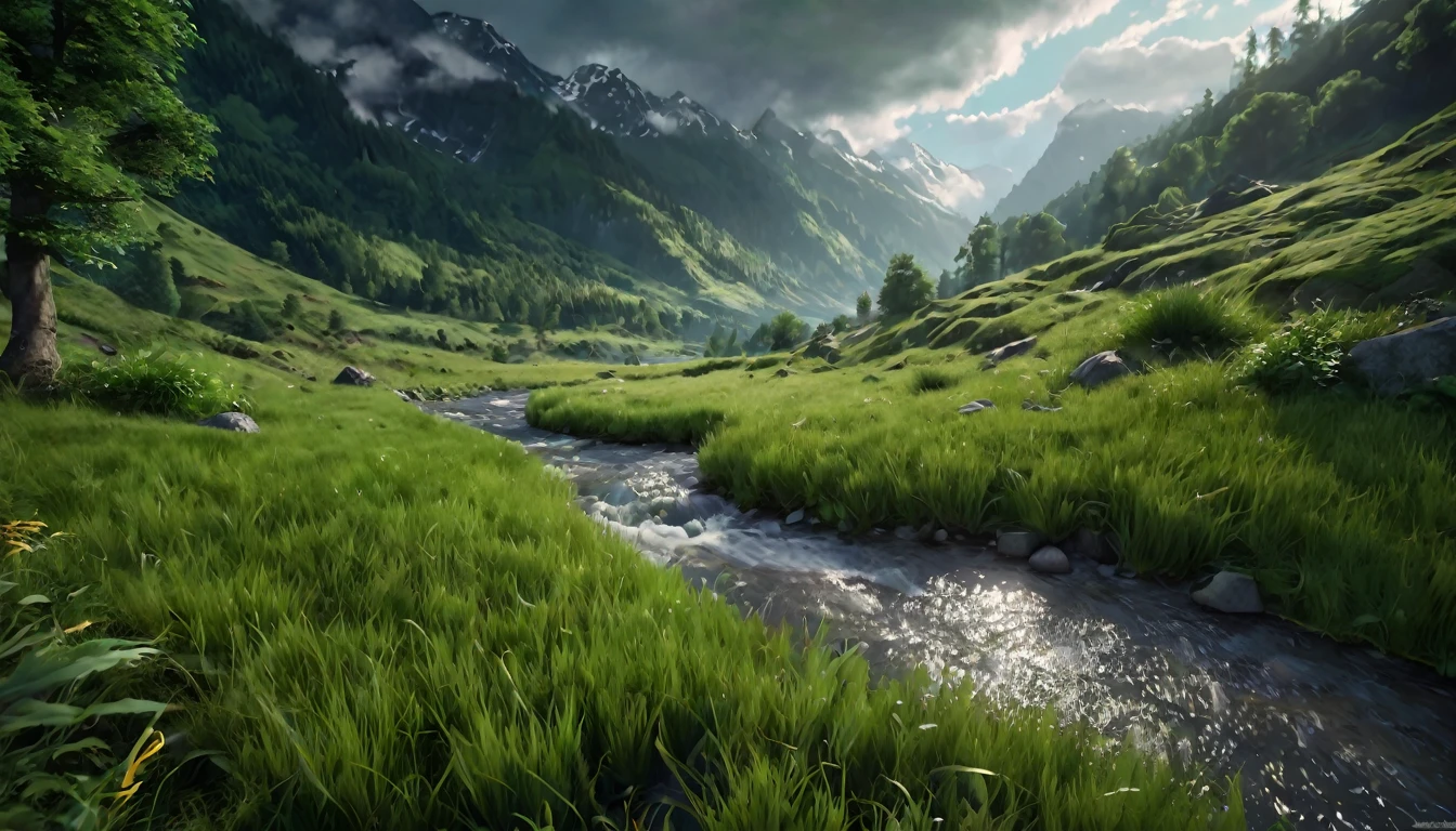 beautiful, a river runs through a mountain, the ground covered with green grass, beautiful forests in the background, ethereal atmosphere, cinematic lighting, photorealistic (best quality, 8k, high resolution, masterpiece: 1.2), ultra detailed, realistic, photorealistic: 1.37, dramatic lighting, moody, fantasy, concept art