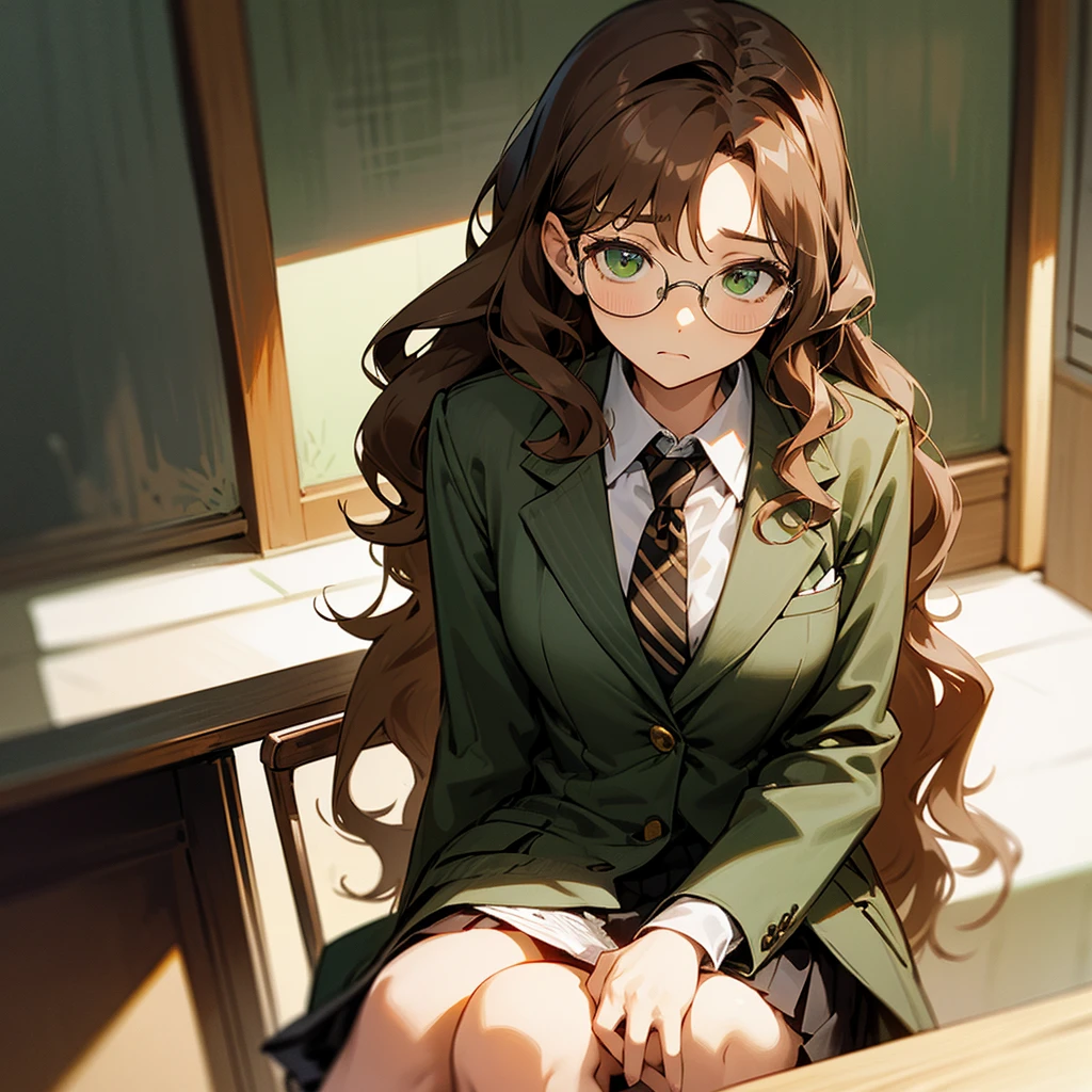 1female, adult, finely detailed green eyes, wavy long hair, brown hair color, blazer suit, long sleeve button down shirt, skirt, glasses, sitting in chair, tokyo streets, day time, somber expression, flowers