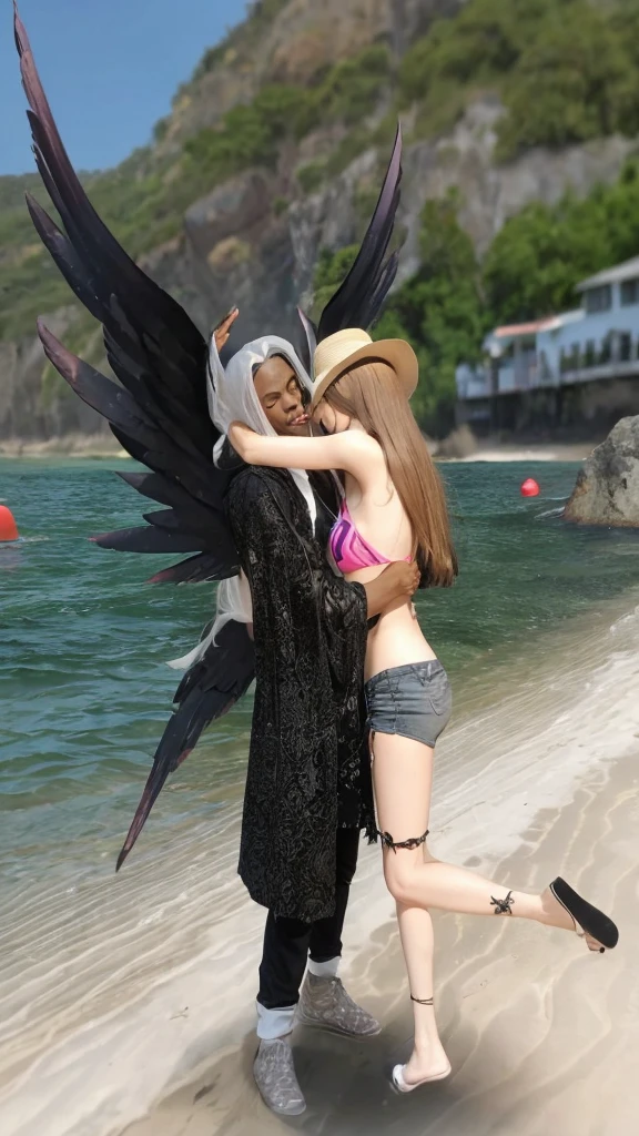 A black man in black clothes, with long straight hair and black wings, hugging a beautiful thin girl in beachwear.