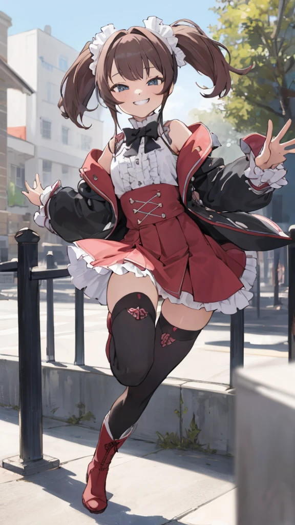 best quality, masterpiece, detailed,, 1girl,,petit,grin,outdoor,miniskirt,thighhighs,,boots,frill