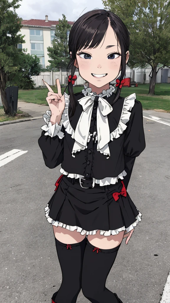 best quality, masterpiece, detailed,2d,flat color, 1girl,14yo,petit,grin,outdoor,miniskirt,thighhighs,,boots,frill blouse