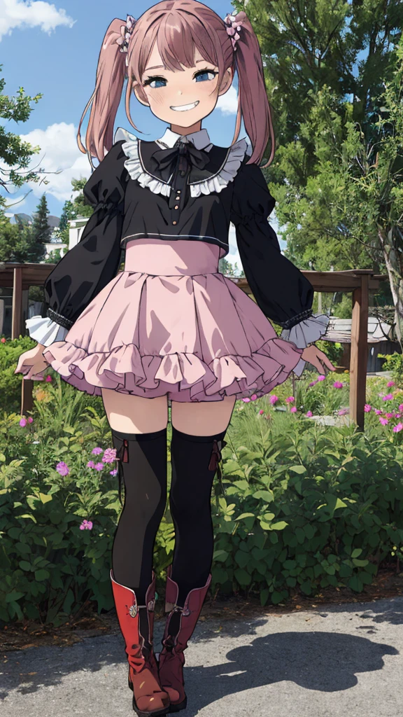 best quality, masterpiece, detailed,2d,flat color, 1girl,,petit,grin,outdoor,miniskirt,thighhighs,,boots,frill blouse