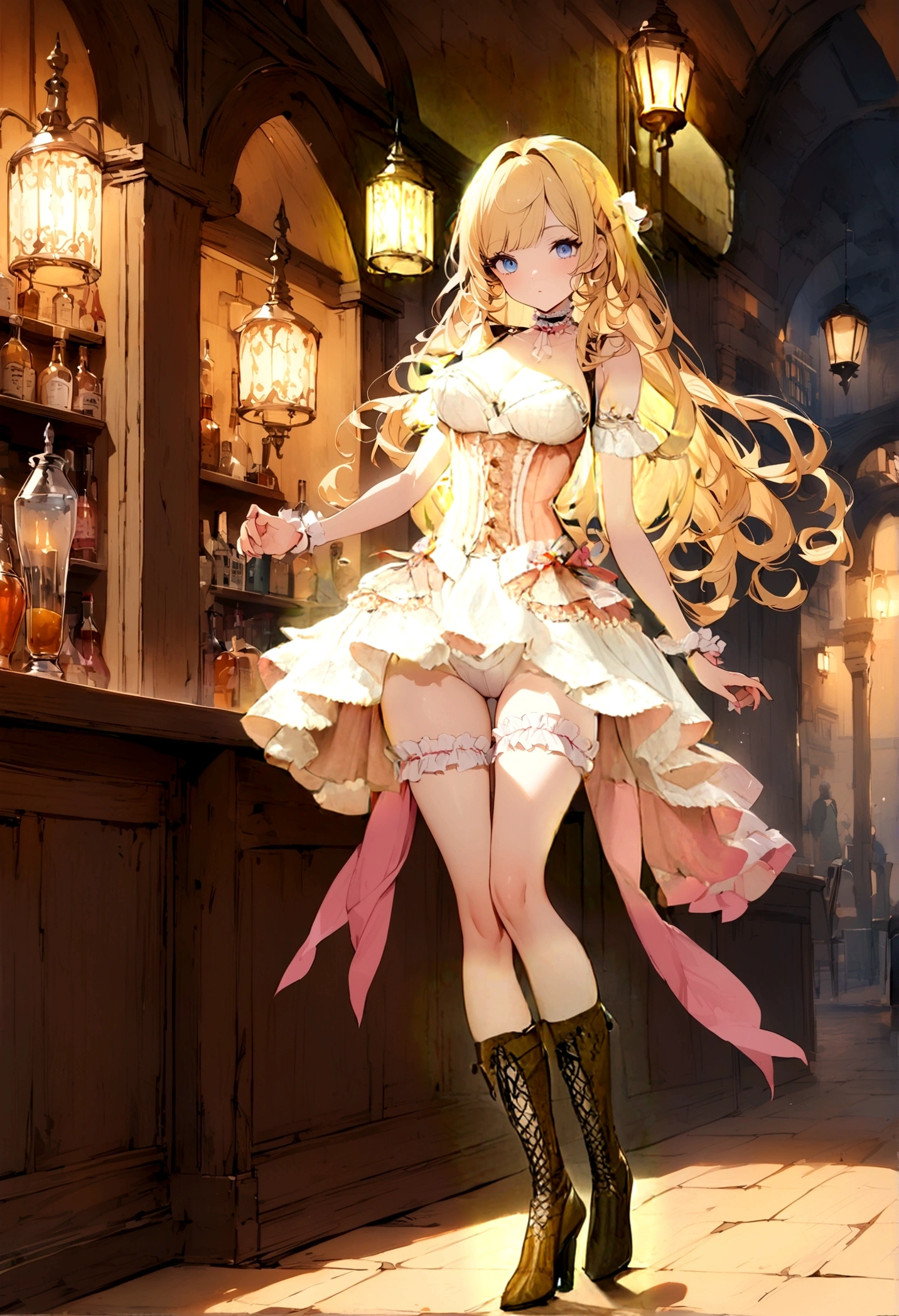 Curls,blonde_hair,blue_eyes,long_eyelashes,long_hair,fringe_bangs,side_curls,fullbody,standing,masterpiece,highress,frilly intricate pink saloon girl dress,knee length skirt,white accents, frilly lace choker,pink corset,lace up heeled boots,stockings,saloon,short at the front center of the skirt