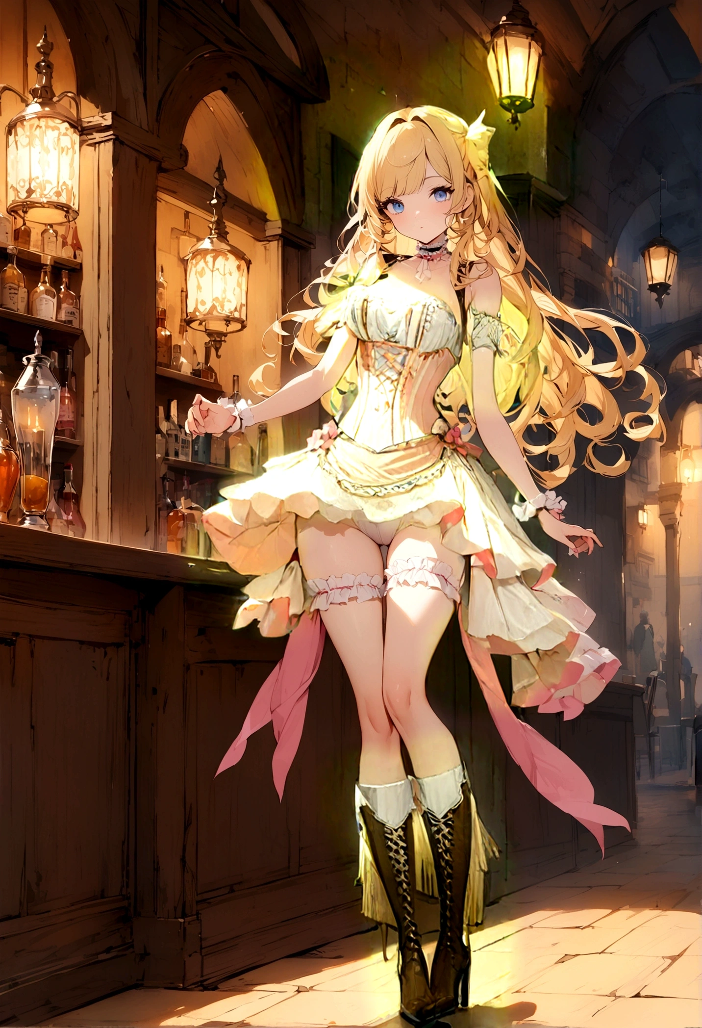 Curls,blonde_hair,blue_eyes,long_eyelashes,long_hair,fringe_bangs,side_curls,fullbody,standing,masterpiece,highress,frilly intricate pink saloon girl dress,knee length skirt,white accents, frilly lace choker,pink corset,lace up heeled boots,stockings,saloon,short at the front center of the skirt