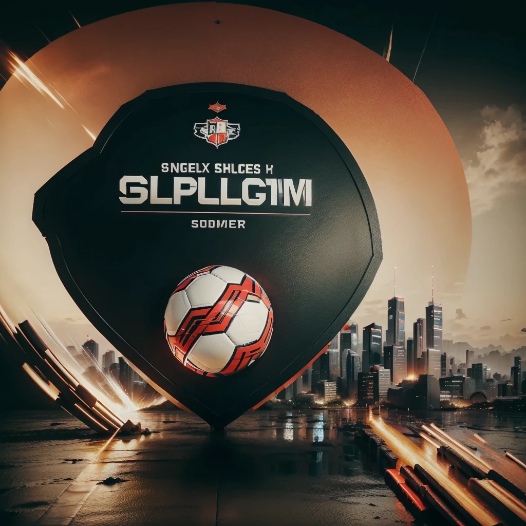 Soccer shield with a ball that is red and black and has a phoenix and a city 