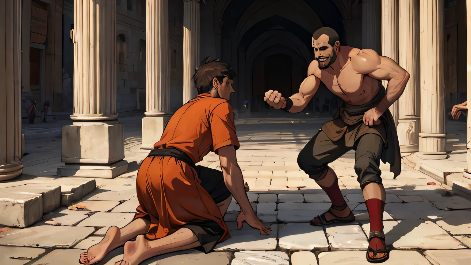 evil Israeli man full of anger, standing beating poor boy begging on the ground in 4th century BC