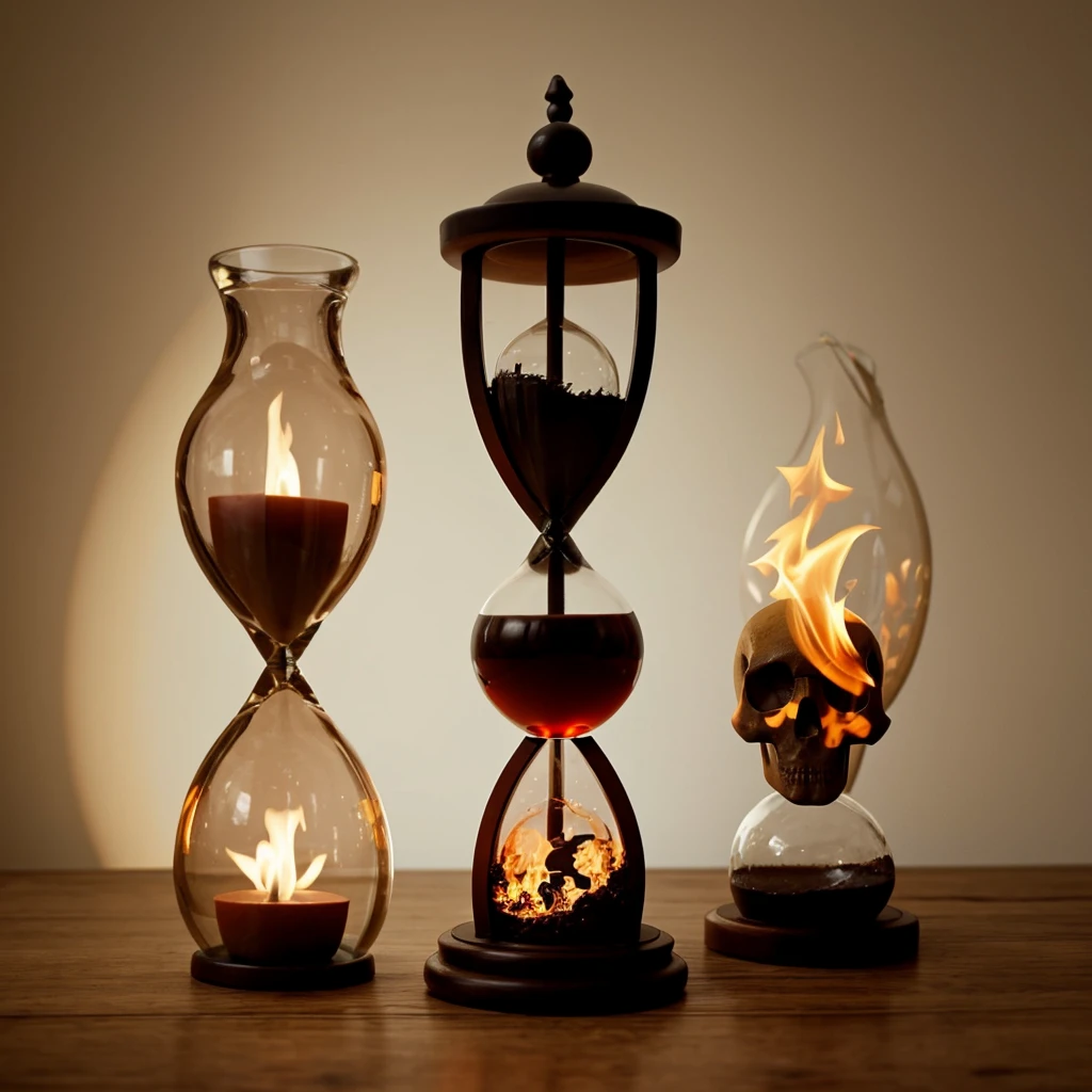 Hourglass with skull at bottom and fiery bird at the top breaking the hourglass