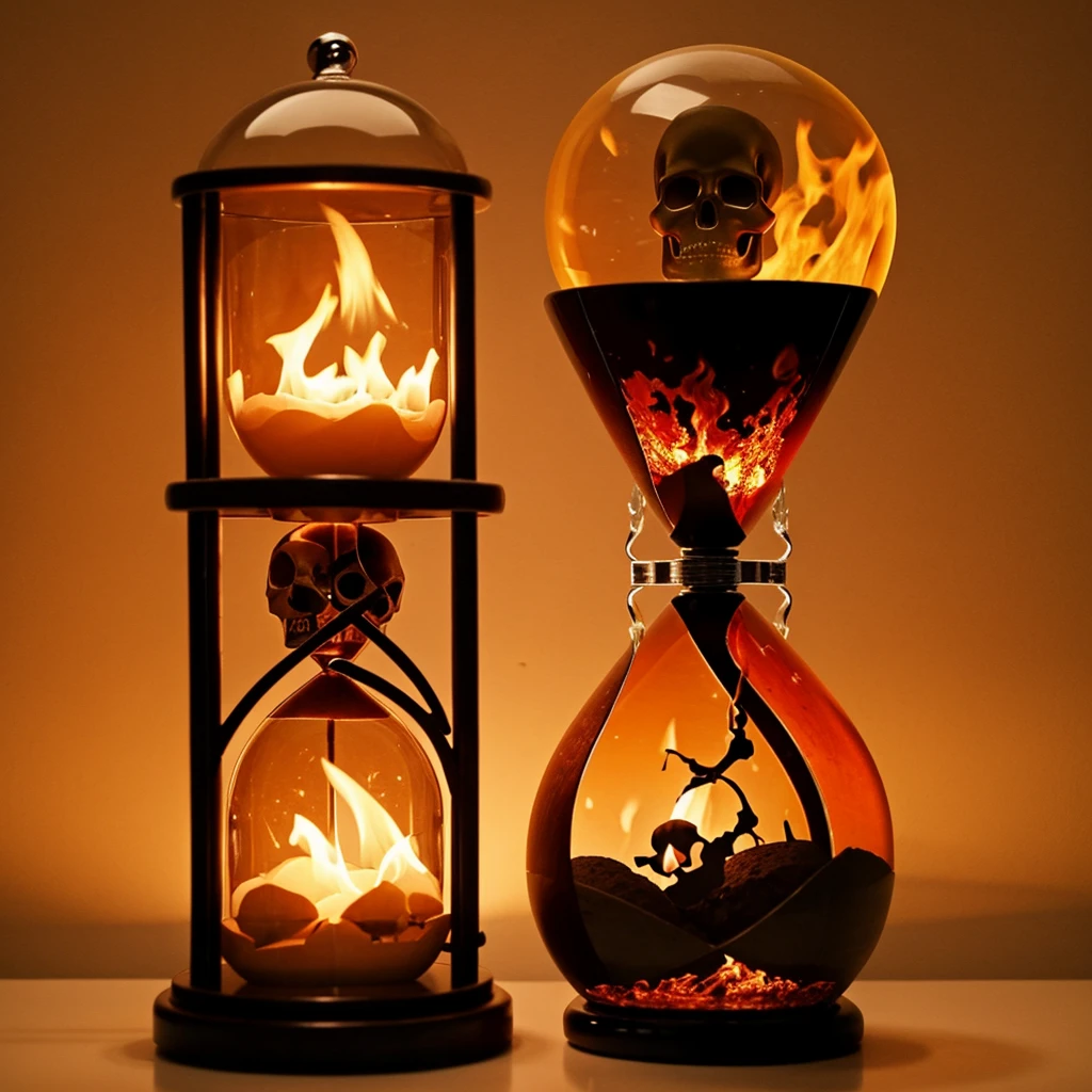 Hourglass with skull at bottom and fiery bird at the top breaking the hourglass