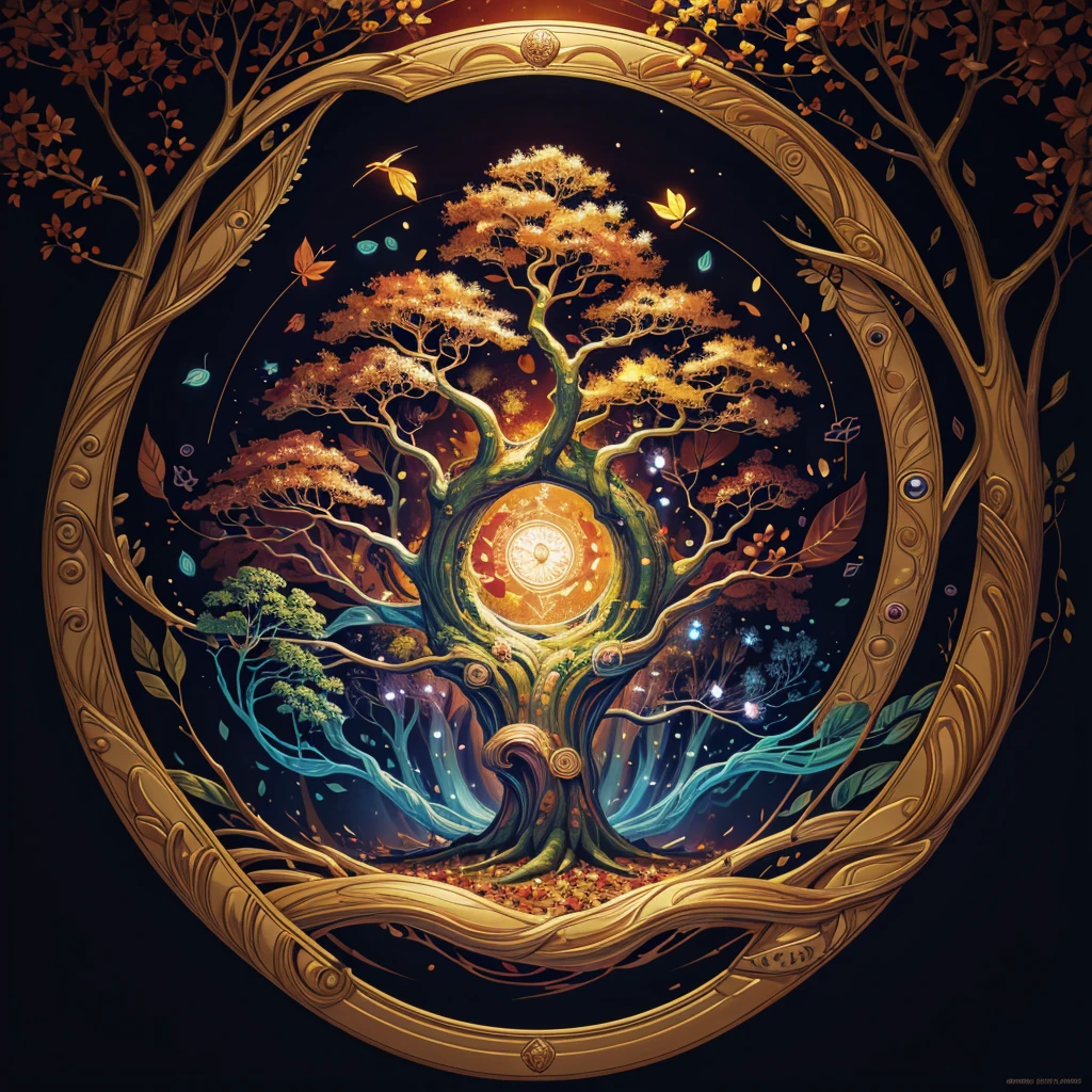 circular tree,four seasons,spring,summer,autumn,winter,leaves,roots,branches,trunk,ornate border,decorative,digital illustration,artwork,movement,time,swirling background,dark background,vibrant colors,natural,life cycle,growth,change,nature,life,peace,harmony,spirituality,symbolism,digital art,illustration,painting,graphic design,art,design,digital media,online art,visual art,fine art,fantasy