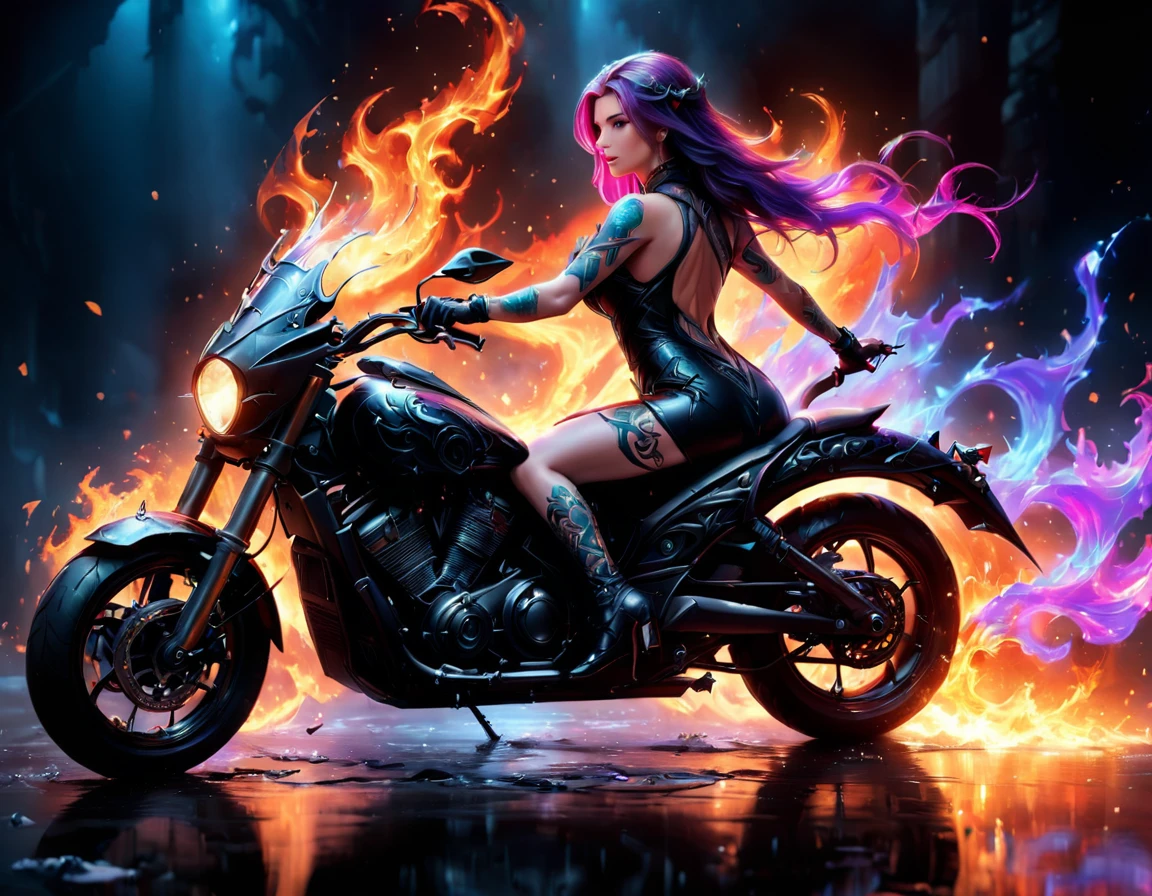Arafed, Dark fantasy art, fantasy art, goth art, a picture of a of a tattooed female elf near her motorcycle (masterwork, best detailed, ultra detail: 1.5)  the tattoo is vivid, intricate detailed coming to life from the ink to real life, GlowingRunesAI_purple, ((fire surrounds the motorcycle: 1.5)), dynamic angle, ((the back is visible: 1.3), she wears a transparent black dress, the dress is elegant, flowing, elven style, that the tattoos glow, dynamic hair color, dynamic hair style, high details, best quality, 16k, [ultra detailed], masterpiece, best quality, (extremely detailed), dynamic angle, full body shot, faize, drkfntasy, Digital Painting