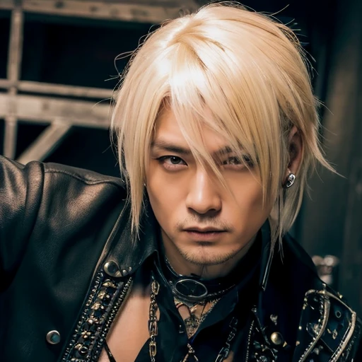 1 japanese male rocker, asien eyes, Visual Kai hairstyle, ultra detailed face and body, hyperrealistic, realistic representation, muscular, broad shoulders, tattoos gothic style, piercings, Visual Kei style, hairstyle Visual Kei, blond, 40 years old, age 40 outfit gothic streampunk, men's shirt and black pants, Asian eyes, eyes Asian, long hair, long hair