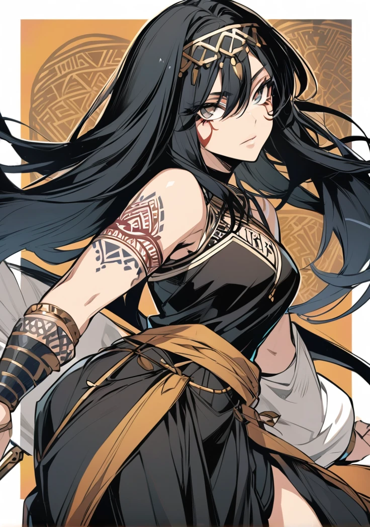 Female character with black Arab clothes and tunic, black hair and clothes and tattoo on the face in an anime style