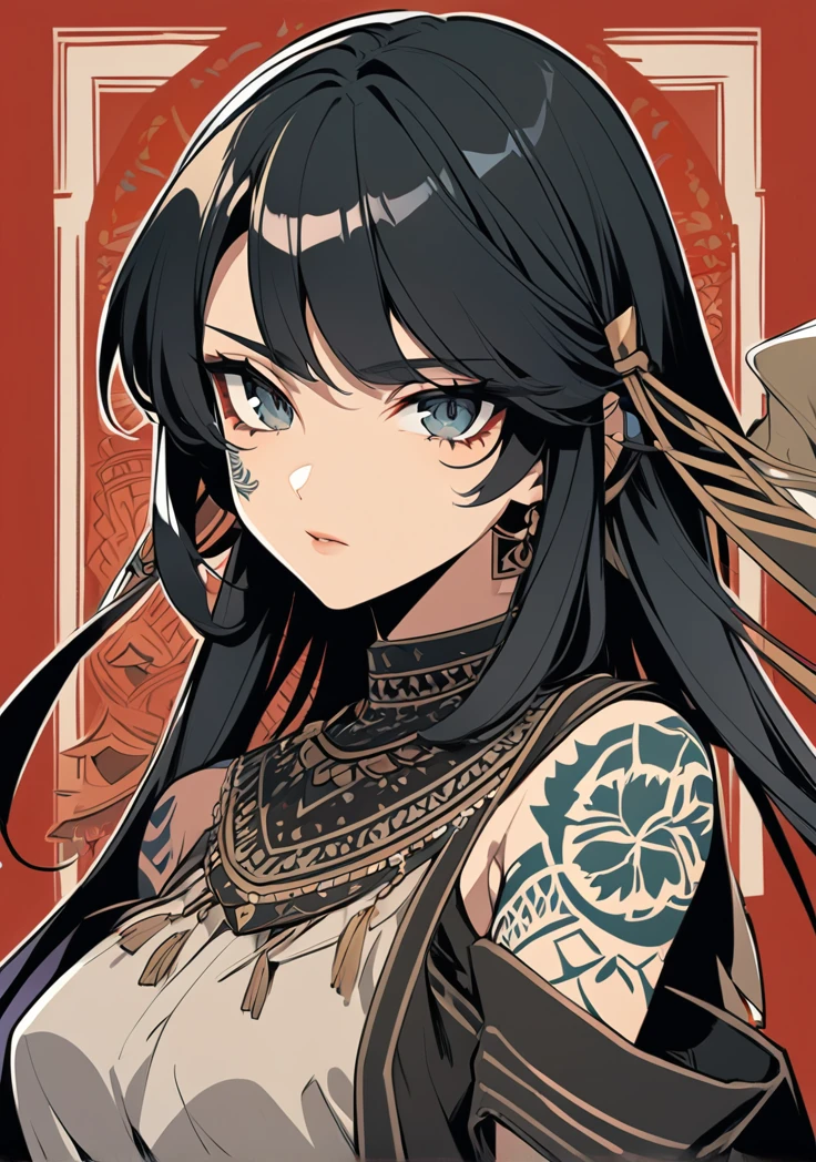 Female character with black Arab clothes and tunic, black hair and clothes and tattoo on the face in an anime style